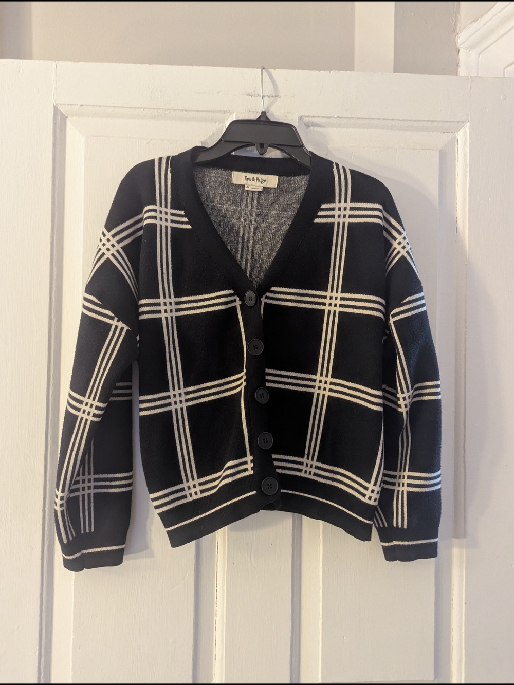 Black & White Plaid V-Neck Button Cardigan by Brochu Walker